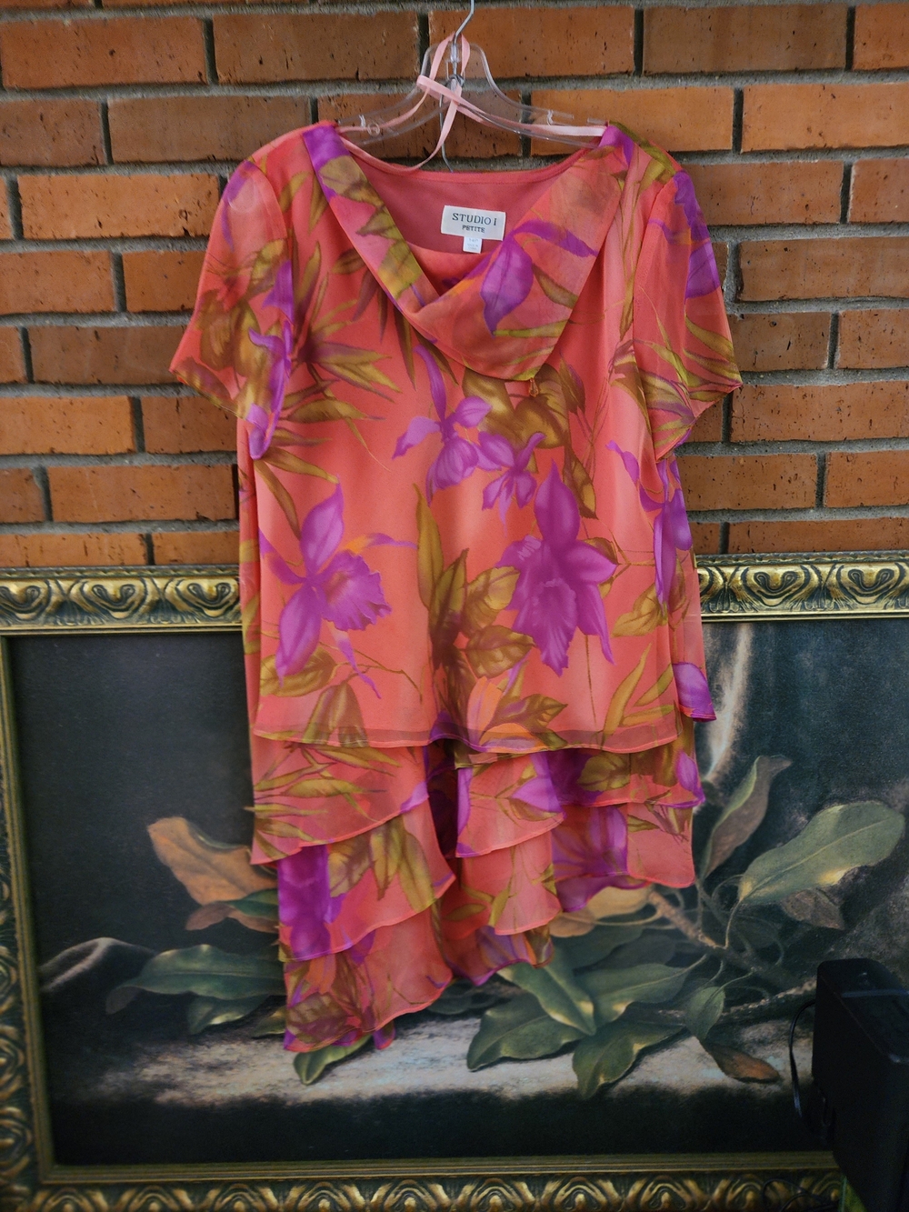 Studio I Coral Pink Skirt & Matvhing Purple Floral Layered Chiffon Top Set